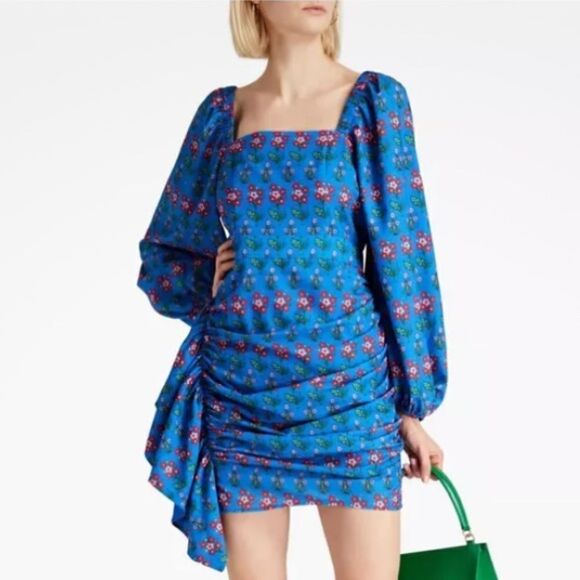 New Rhode Mina Draped Floral-Print Crepe de Chine Mini Dress Blue Small - Picture 12 of 14